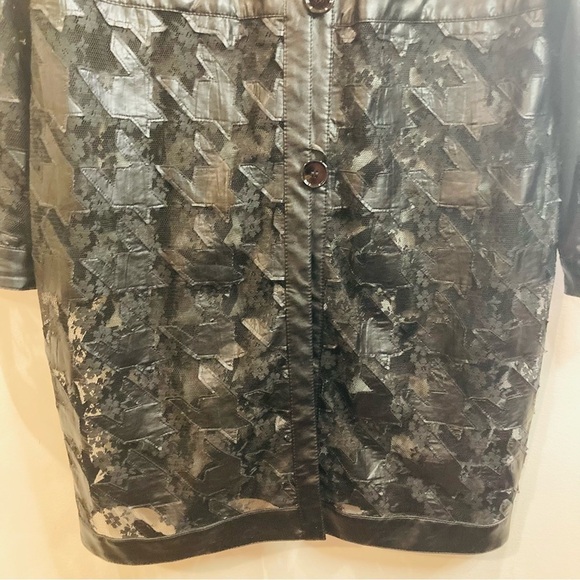 BETTY BARCLAY Sz 14 Knit Vegan Leather Houndstooth Floral Sheer Lace Long Jacket - Picture 4 of 14